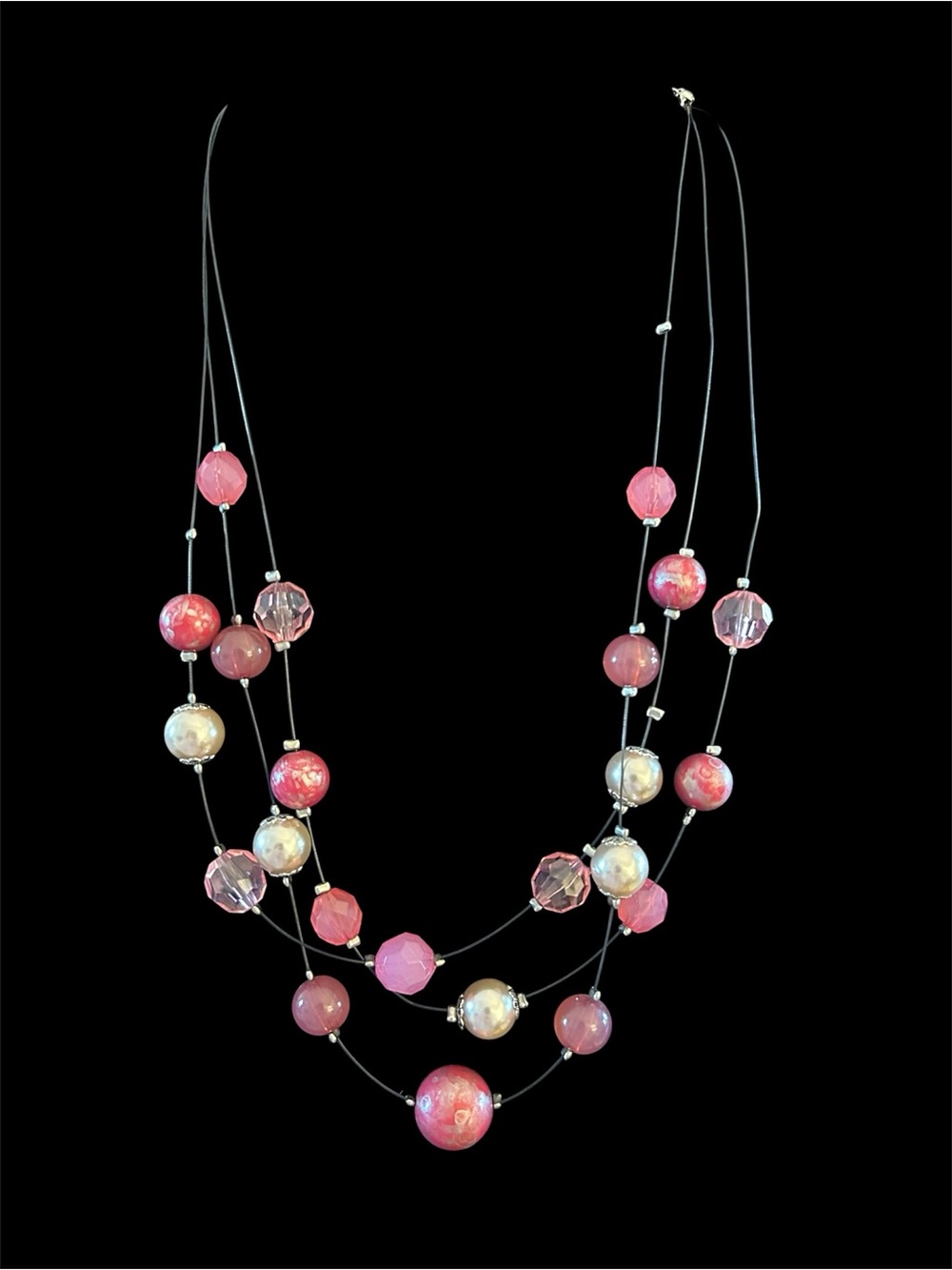 Triple-Strand Pink Bead Necklace with Iridescent Accents